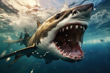 Wall Mural - a shark is swimming with its mouth open, showing its teeth