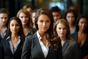 A group of women in business suits are standing together