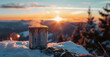 Steaming Cup Mug of Coffee on a Snow Top Mountain with the Sunrise Sunset in the Background. Room for Copy Text.