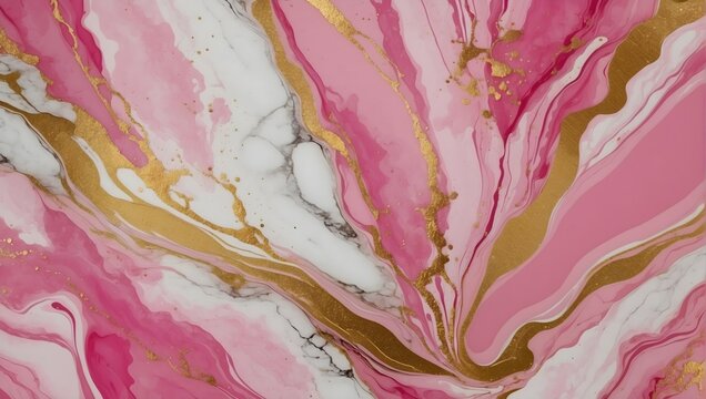 Abstract marble marbled stone ink liquid fluid painted painting texture luxury background banner - Pink petals, blossom flower swirls gold painted lines