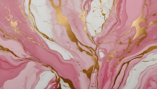 Abstract marble marbled stone ink liquid fluid painted painting texture luxury background banner - Pink petals, blossom flower swirls gold painted lines