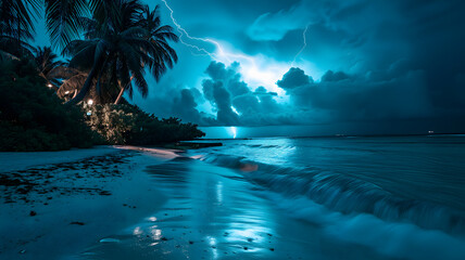 tropical beach view at cloudy stormy night with white sand, turquoise water and palm trees. Neural network generated image. Not based on any actual scene or pattern.