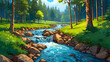 An outskirt of forest, blue sky, a small stream flowing, 2d art background