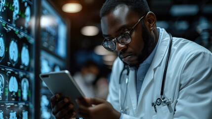 Wall Mural - A doctor is looking at a tablet with a picture of a brain on it