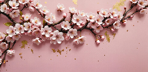 Wall Mural - Spring banner with pink cherry blossom flowers beautifully blooming against a vibrant pink background. The eloquent display of nature's beauty is mesmerizing, making it a perfect image for spring them