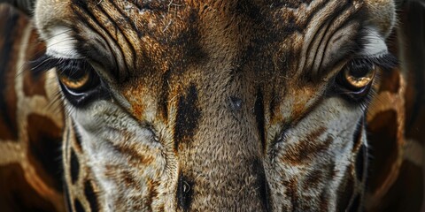 Wall Mural - A close up of a giraffe's face with its eyes open and staring