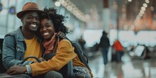 Young African American Couple Sitting On Airport Bench, Smiling Brightly With Suitcases Beside Them. Lovebirds Eagerly Waiting For Their Flight, Excited For Upcoming Travel Adventures