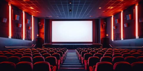 Sticker - A movie theater with a red and blue wall and a large screen