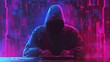 Hooded hacker at computer screen, cybercrime in neon digital art style