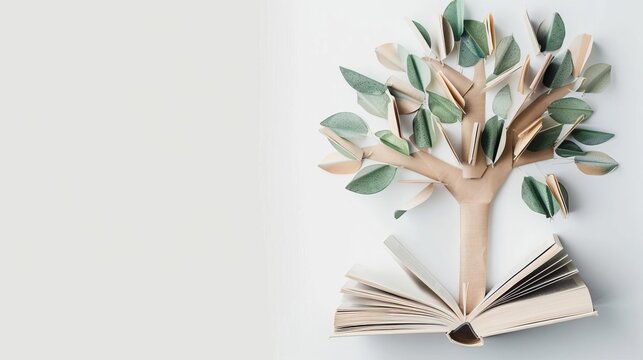 International literacy day, tree with open books as leaves, education and knowledge concept, white background
