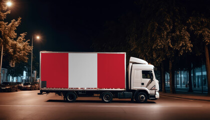 Peru  flag on the back of white truck against the backdrop of the city. Truck, transport, freight transport. Freight and Logistics Concept