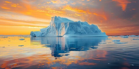 Wall Mural - A large ice block is floating in the ocean with a beautiful sunset in the background.