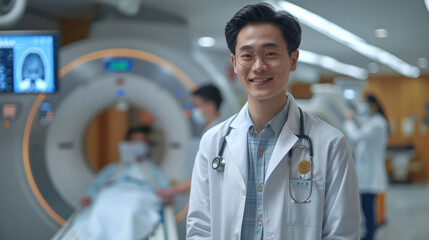 Wall Mural - A doctor is smiling in front of a medical machine