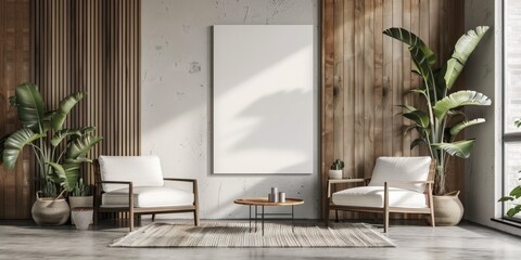 A white room with a large white wall and two white chairs