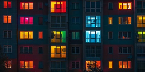 Poster - A row of colorful apartments with windows lit up at night