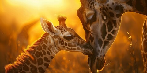 Wall Mural - A mother giraffe is nursing her baby giraffe