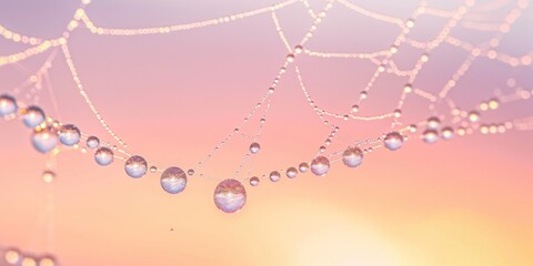 A spider web with many small, clear, shiny beads hanging from it