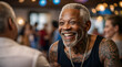 Muscular 70 year old African American man with tattoos. He laughs full of joy at a party. generative.ai