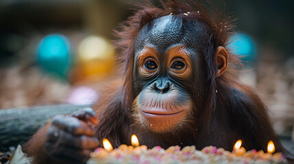 Monkey Sitting in Front of Birthday Cake