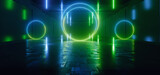 Fototapeta Perspektywa 3d - Sci Fi Futuristic Cyber Modern Spaceship Hallway Warehouse Tunnel Bunker Underground Neon Laser Green Blue Circle Lights Electric Metal Concrete Hangar 3D Rendering