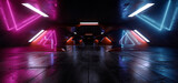 Fototapeta Perspektywa 3d - Cyber Neon Futuristic Sci Fi Tunnel Underground Garage Concrete Massive Room Laser Spaceship Blue Lights Gaming Room Tournament Background 3D Rendering
