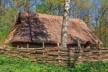 Wall Mural - Longhouse in a forest with a fence of braided branches