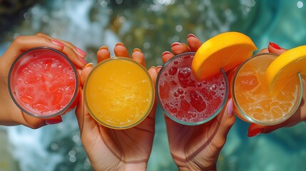 Canvas Print - various fruit cocktails in female hands