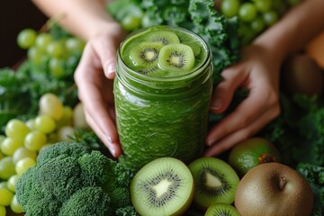 Poster - green smoothie in a glass with ingredients