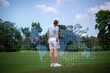 Double exposure professional woman golfer pushing golf ball to hole in player tournament competition at golf course for winner with infographic invest stock is sport and business concept.