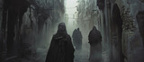 Fototapeta Uliczki - Ghostly masked procession dilapidated streets