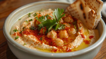 Wall Mural - traditional chickpeas Hummus with pita bread and paprika on top