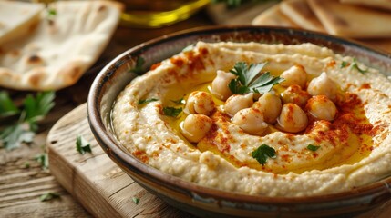 Wall Mural - traditional chickpeas Hummus with pita bread and paprika on top
