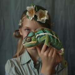 Wall Mural - Portrait of a little girl with a chameleon in her hands