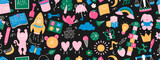Fototapeta Młodzieżowe - Colorful daycare seamless pattern. Rocket, hopscotch, toys, book, balloon, house, fruits and other elements.