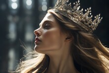Close-up Photo Image Of A Future Queen's Side Profile With The Crown Suspended Inches Above Her Head, Highlighting Anticipation.