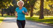 Senior woman enjoying jog in the park, radiating happiness and promoting healthy lifestyle for older individuals.