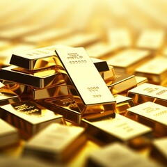 Wall Mural - Ai generated ofGold bars Gold ingot, bullion gold, bank vault, stacked image. close up many pure gold bar ingot put on the black color with bokeh surface. many pile of gold bars in golden background.