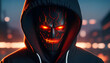 A faceless avatar with glowing red eyes wearing a dark hoodie, lit dramatically with cinematic lighting