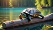 A content turtle dozing off on a wooden log in a serene lake.
