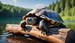 A content turtle dozing off on a wooden log in a serene lake.