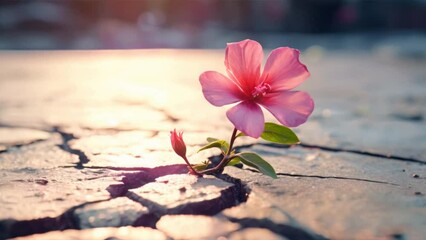 Wall Mural - Flower blooms amidst desert sands, surrounded by nature's greenery, symbolizing life, growth, and resilience in harsh environments