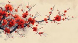 Fototapeta Sawanna - Natural landscape background with Asian icon texture modern. Branch decorated with vintage style red chrysanthemum flowers.