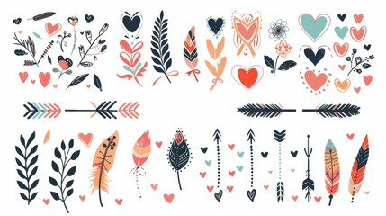 Wall Mural - Decorative elements set in boho style. Wild style labels displaying hearts, arrows, feathers. Modern decorations, dividers, frames, borders.