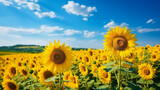 Fototapeta Las - Sunflower field with cloudy blue sky