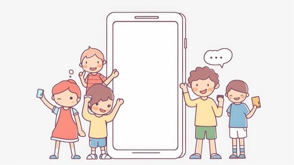 Poster - Modern illustration featuring small people and a large smartphone. They are sending texts with their phones. A flat design style minimal modern illustration.