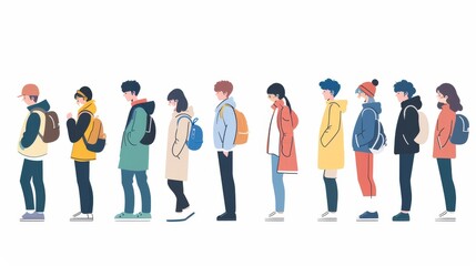 Wall Mural - Modern illustration of people waiting in line according to guidelines. Flat design style minimal modern illustration.