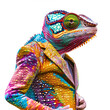 Chameleon in a vibrant suit, changing colors, on a pure, isolated white background