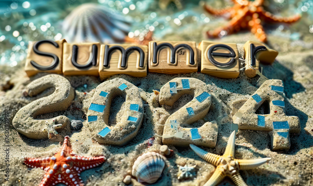Summertime 2024 Lettering Summer 2024 Beach Scene with Scrabble Letters and Marine Decorations in ...