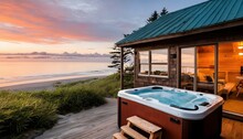 A Beachside Cabin With A Private Hot Tub Overlooking The Ocean, Providing The Ultimate Relaxation Experience Amidst Nature's Beauty.