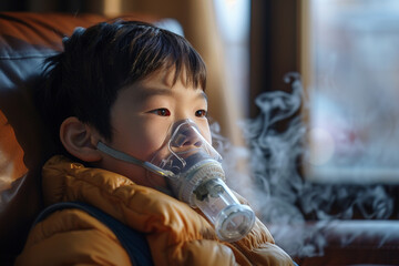 Asian boy wearing oxygen mask